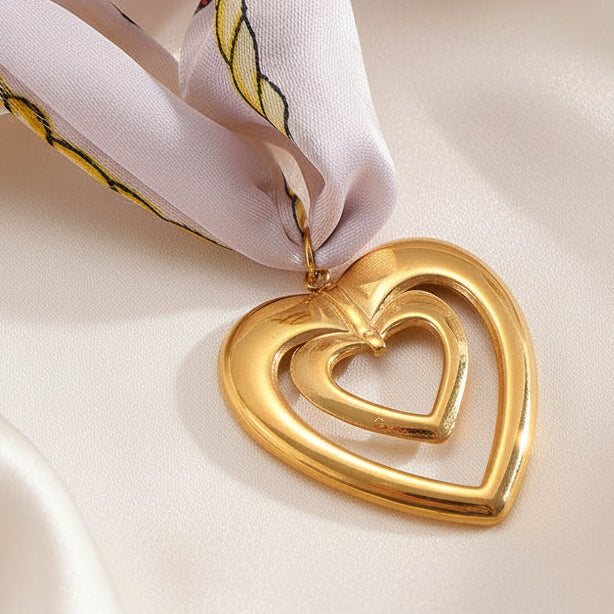Satin Scarf Hollow Heart Pendant Necklace Stainless Steel 18K Gold Plated