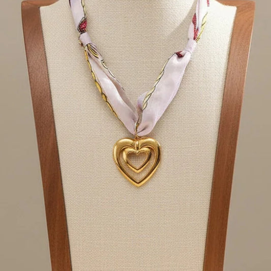 Satin Scarf Hollow Heart Pendant Necklace Stainless Steel 18K Gold Plated