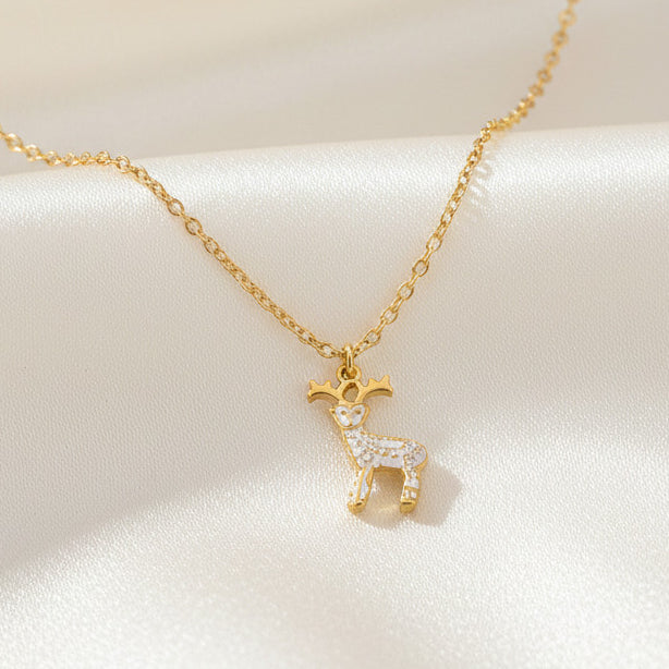 Little Deer Christmas Pendant Necklace Stainless Steel 18K Gold Plated Enamel
