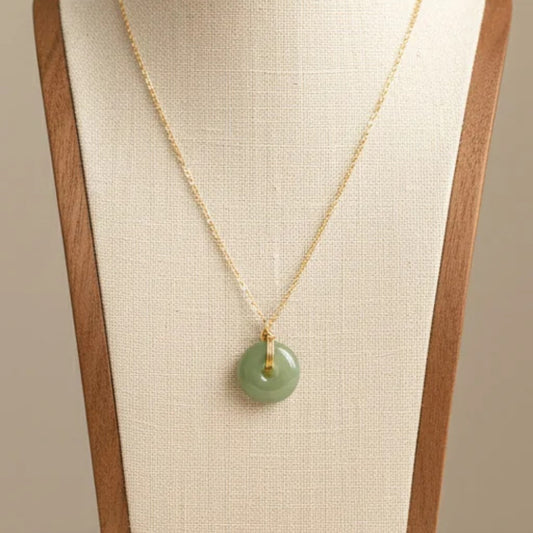 Faux Green Jade Donut Pendant Necklace 18K Gold Plated Stainless Steel Minimalist (Style C)