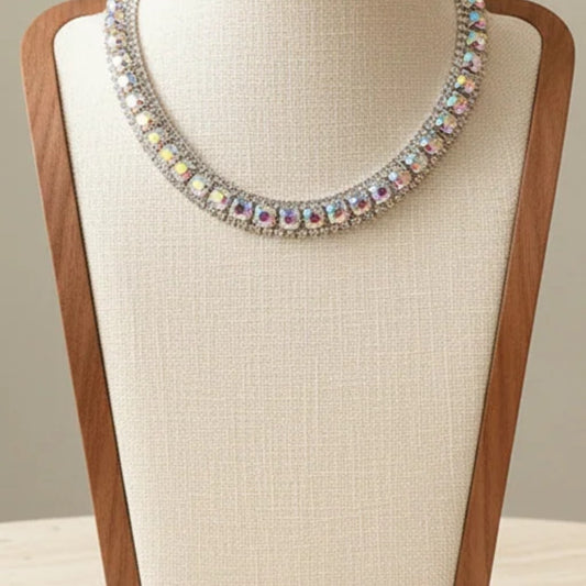 Iridescent AB Rhinestone Necklace and Stud Earring Set Alloy