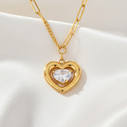 Hollow Heart Teardrop Zirconia Pendant Necklace Stainless Steel 18K Gold Plated