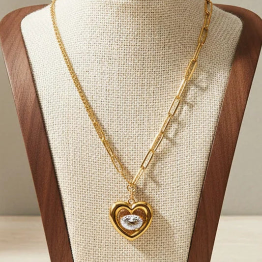 Hollow Heart Teardrop Zirconia Pendant Necklace Stainless Steel 18K Gold Plated