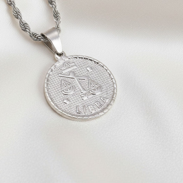 Zodiac Coin Pendant Necklace Silver Tone Stainless Steel Rope Chain Constellation