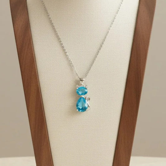 Blue Zirconia Cat Pendant Necklace Copper With 925 Sterling Silver Bail