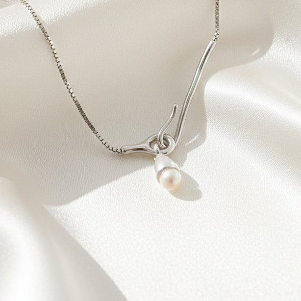 925 Sterling Silver Pearl Pendant Necklace Box Chain Minimalist