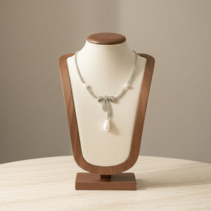 Bowknot Rhinestone Pearl Pendant Necklace Alloy Silver