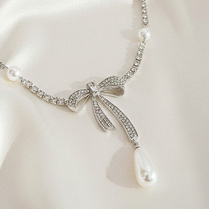 Bowknot Rhinestone Pearl Pendant Necklace Alloy Silver