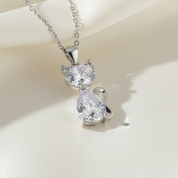 Zirconia Cat Pendant Necklace Copper With 925 Sterling Silver Bail