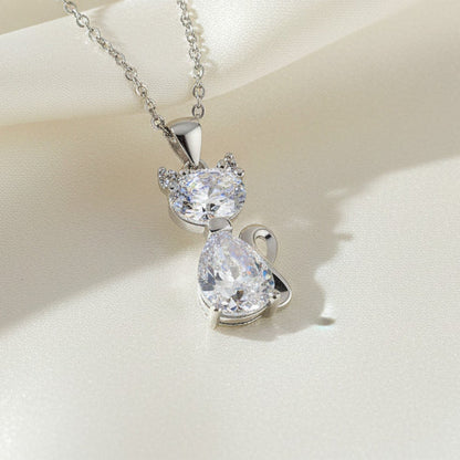 Zirconia Cat Pendant Necklace Copper With 925 Sterling Silver Bail