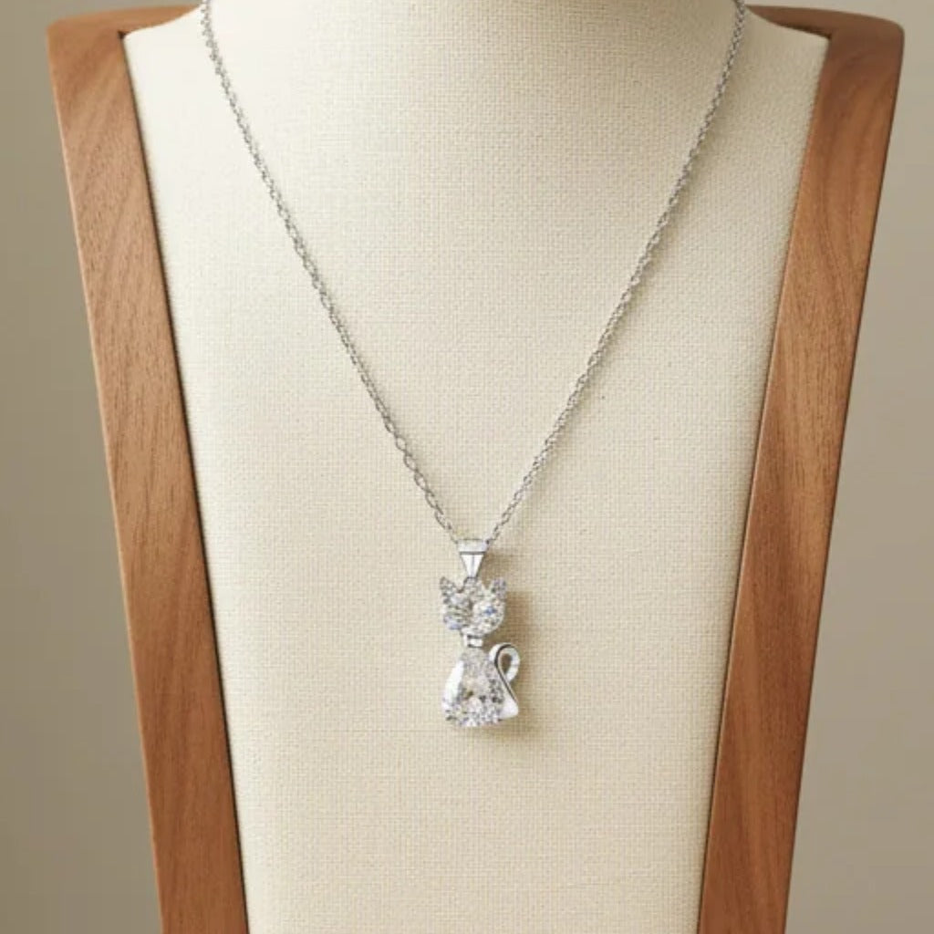 White Zirconia Cat Pendant Necklace Copper With 925 Sterling Silver Bail