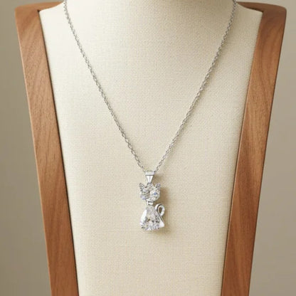 White Zirconia Cat Pendant Necklace Copper With 925 Sterling Silver Bail