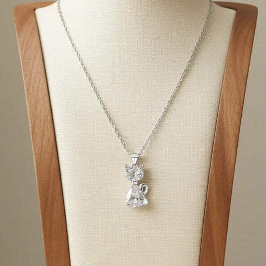 White Zirconia Cat Pendant Necklace Copper With 925 Sterling Silver Bail