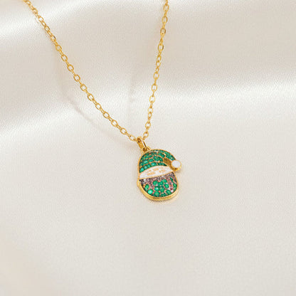 Santa Claus Pendant Necklace Stainless Steel 18K Gold Plated Enamel