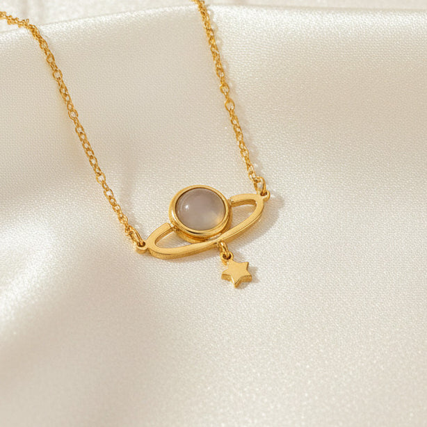 Planet Cat Eye Stone Pendant Necklace Titanium Steel 18K Gold Plated
