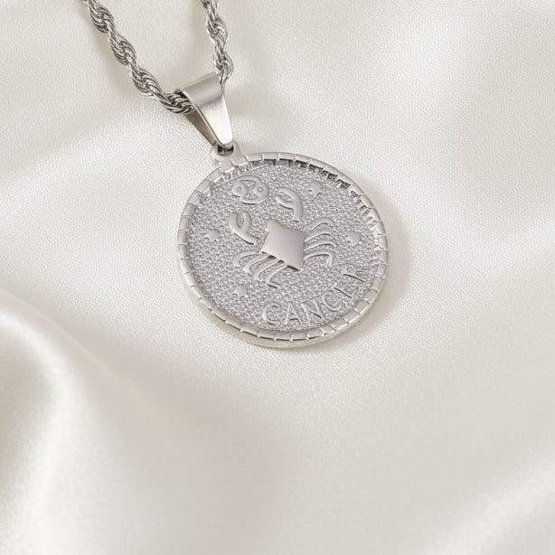 Zodiac Coin Pendant Necklace Silver Tone Stainless Steel Rope Chain Constellation