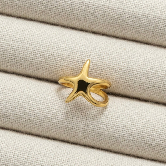 Stainless Steel Ocean Starfish Adjustable Open Ring Gold Plated