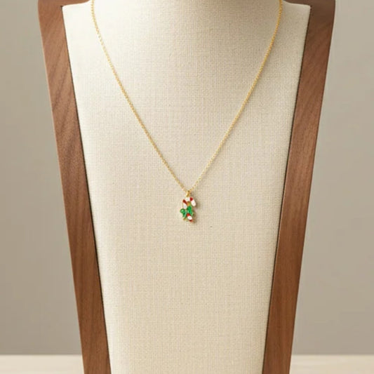 Striped Candy Cane Pendant Necklace Stainless Steel 18K Gold Plated Enamel