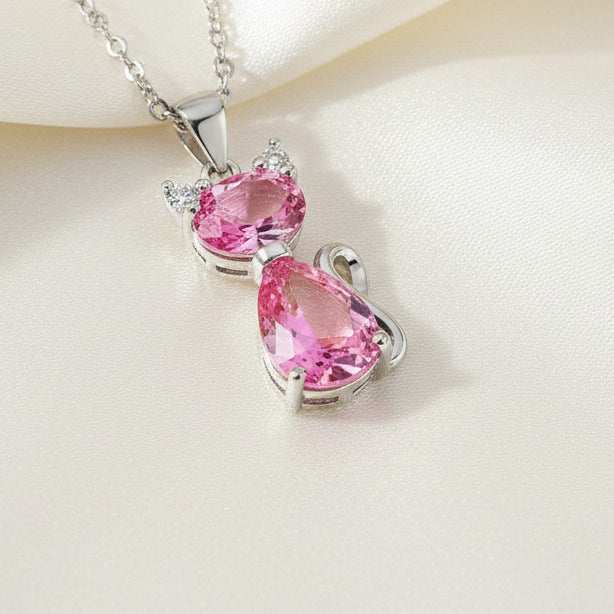 Zirconia Cat Pendant Necklace Copper With 925 Sterling Silver Bail