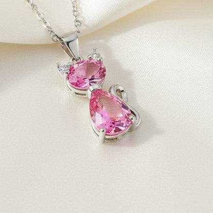 Zirconia Cat Pendant Necklace Copper With 925 Sterling Silver Bail