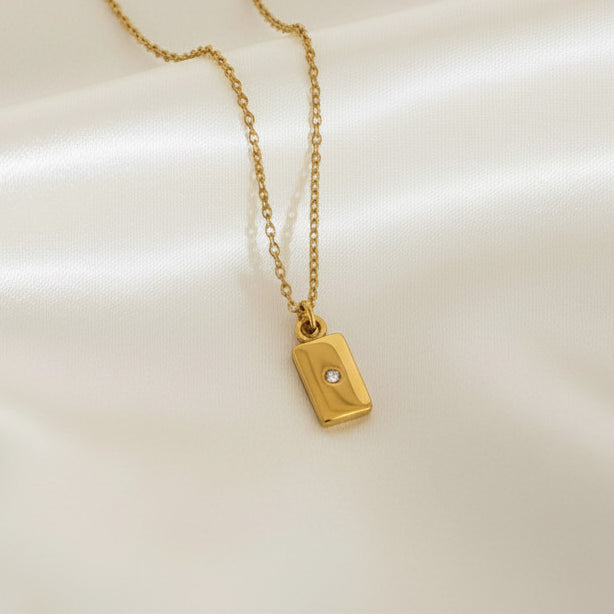Rectangle Zirconia Pendant Necklace 316L Stainless Steel 18K Gold Plated