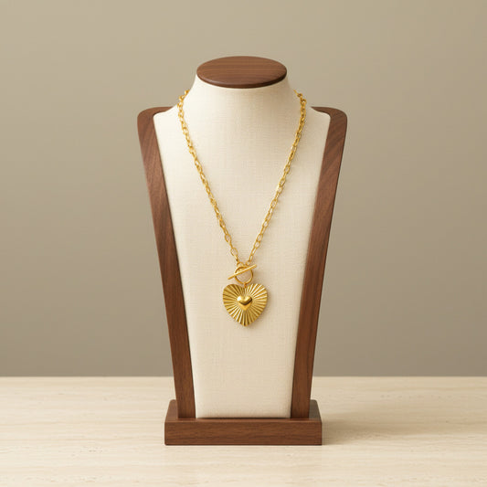 Heart Sunburst Toggle Clasp Pendant Necklace Stainless Steel 18K Gold Plated