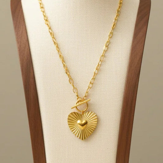 Heart Sunburst Toggle Clasp Pendant Necklace Stainless Steel 18K Gold Plated