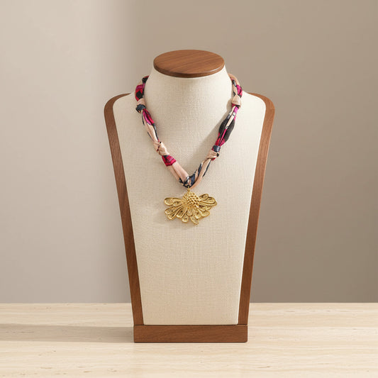 Satin Scarf Half Flower Pendant Necklace Stainless Steel 18K Gold Plated