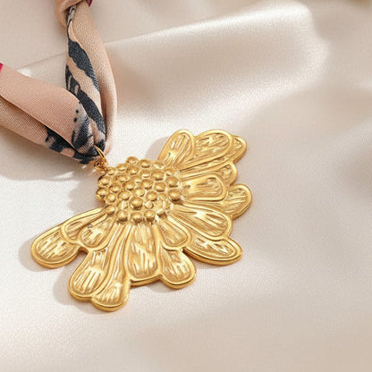 Satin Scarf Half Flower Pendant Necklace Stainless Steel 18K Gold Plated
