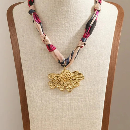 Satin Scarf Half Flower Pendant Necklace Stainless Steel 18K Gold Plated