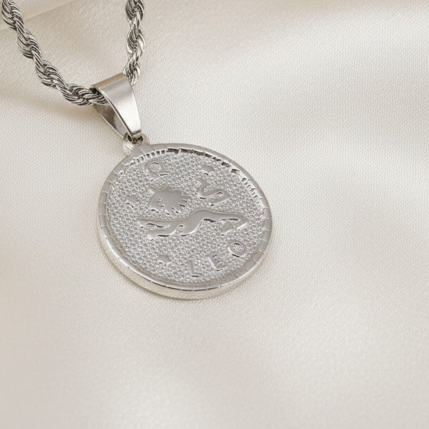 Zodiac Coin Pendant Necklace Silver Tone Stainless Steel Rope Chain Constellation