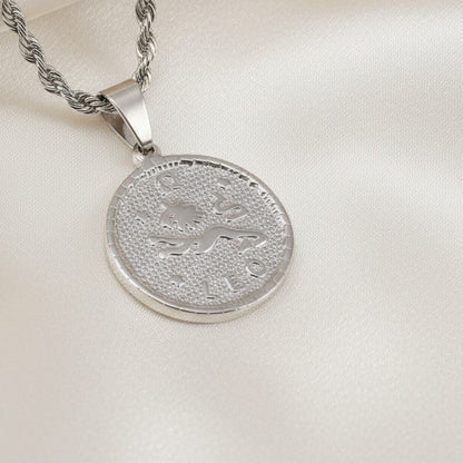 Zodiac Coin Pendant Necklace Silver Tone Stainless Steel Rope Chain Constellation