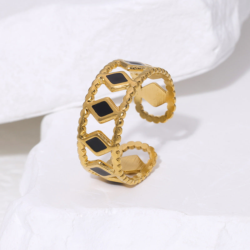18K Gold Plated Stainless Steel Black Rhombus Adjustable Ring