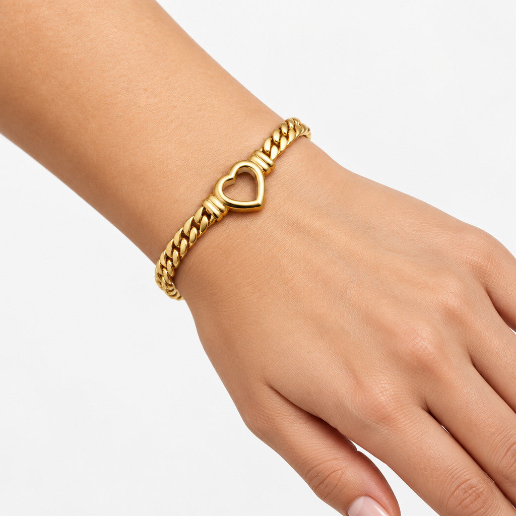 Hollow Heart Charm Bracelet Cuban Link - Gold