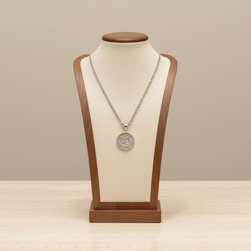 Zodiac Coin Pendant Necklace Silver Tone Stainless Steel Rope Chain Constellation