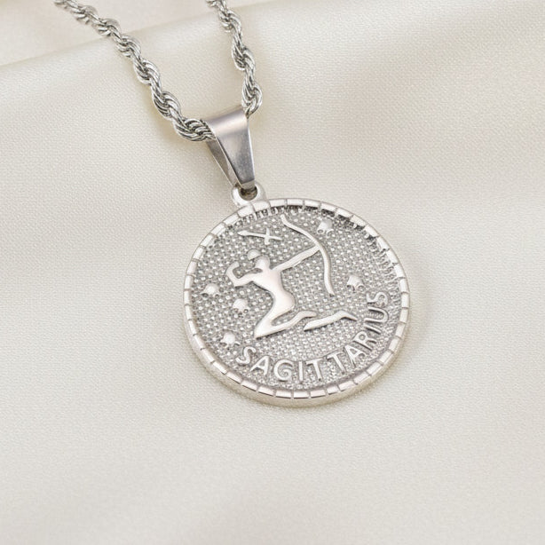 Zodiac Coin Pendant Necklace Silver Tone Stainless Steel Rope Chain Constellation