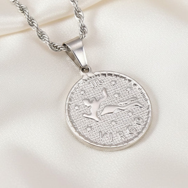 Zodiac Coin Pendant Necklace Silver Tone Stainless Steel Rope Chain Constellation