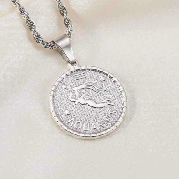 Zodiac Coin Pendant Necklace Silver Tone Stainless Steel Rope Chain Constellation