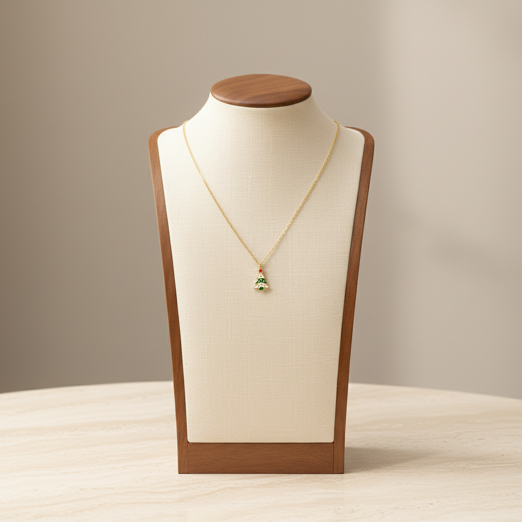 Green and White Christmas Tree Pendant Necklace Stainless Steel 18K Gold Plated Enamel