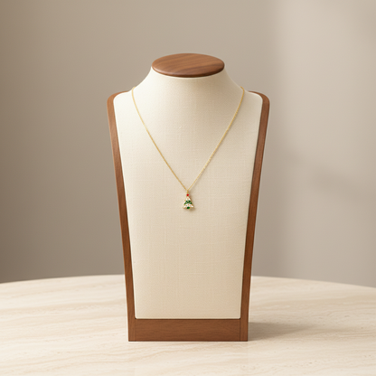 Green and White Christmas Tree Pendant Necklace Stainless Steel 18K Gold Plated Enamel