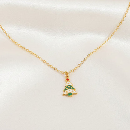 Green and White Christmas Tree Pendant Necklace Stainless Steel 18K Gold Plated Enamel