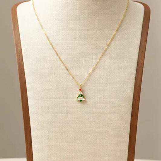 Green and White Christmas Tree Pendant Necklace Stainless Steel 18K Gold Plated Enamel
