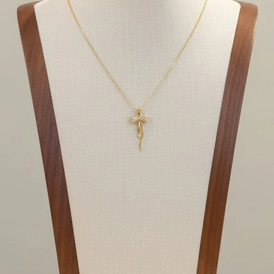 Bowknot Butterfly Rhinestone Pendant Necklace Gold Tone Titanium Steel