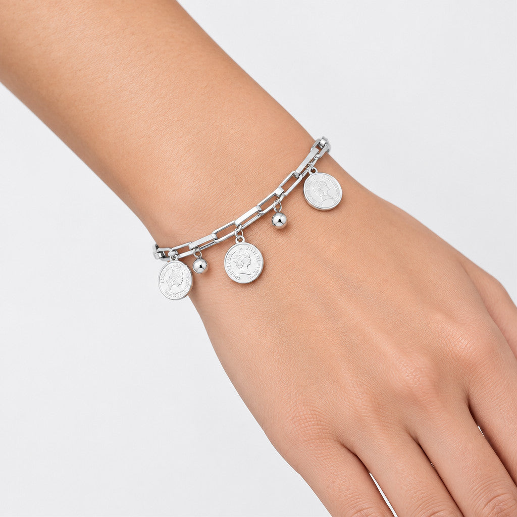 Queen Portrait Coin Paperclip Chain Bracelet - Silver
