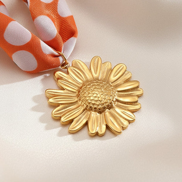 Satin Scarf Sunflower Pendant Necklace Stainless Steel 18K Gold Plated