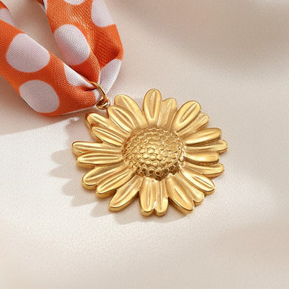 Satin Scarf Sunflower Pendant Necklace Stainless Steel 18K Gold Plated