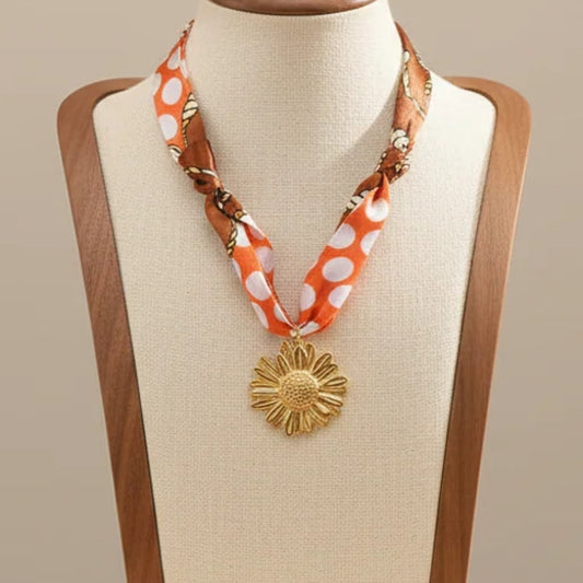 Satin Scarf Sunflower Pendant Necklace Stainless Steel 18K Gold Plated