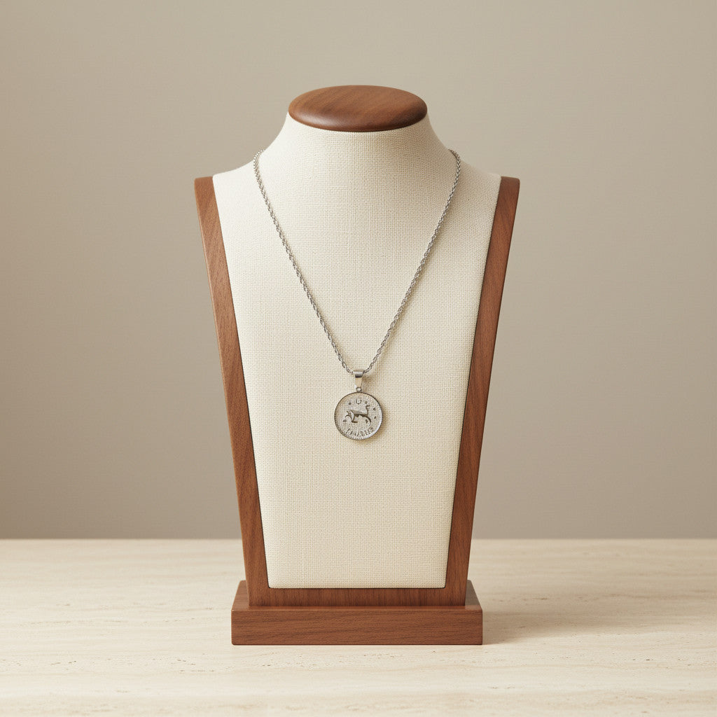 Zodiac Coin Pendant Necklace Silver Tone Stainless Steel Rope Chain Constellation