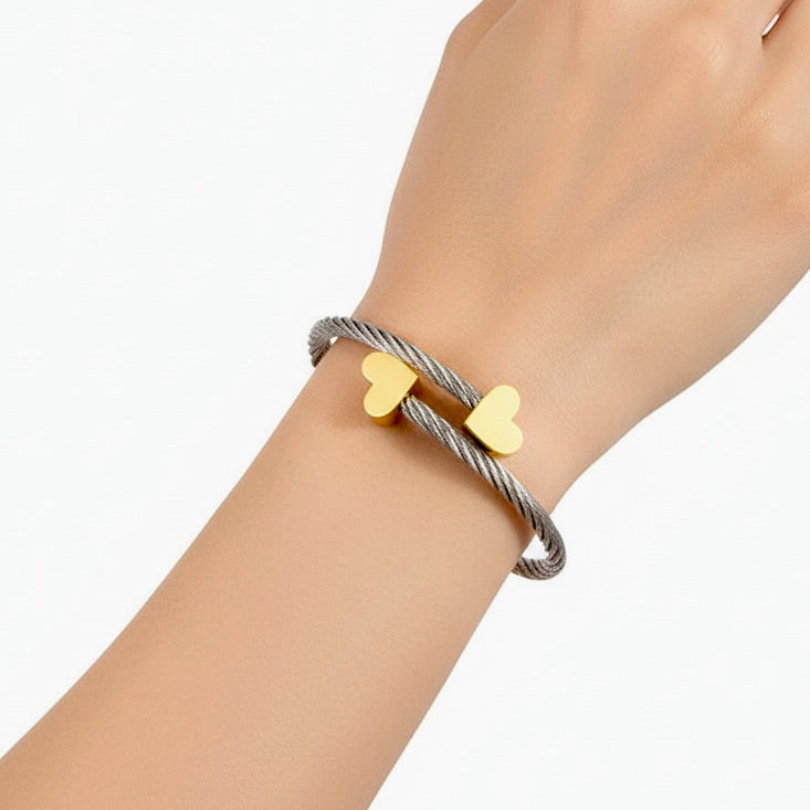 Heart Charm Link Bracelet Toggle Clasp - Two Tone