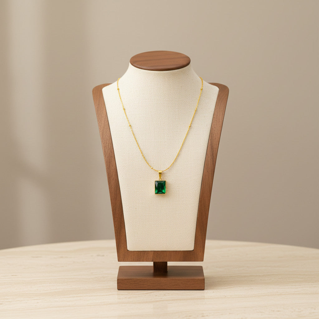 Rectangle Green Stone Pendant Necklace Stainless Steel 18K Gold Plated